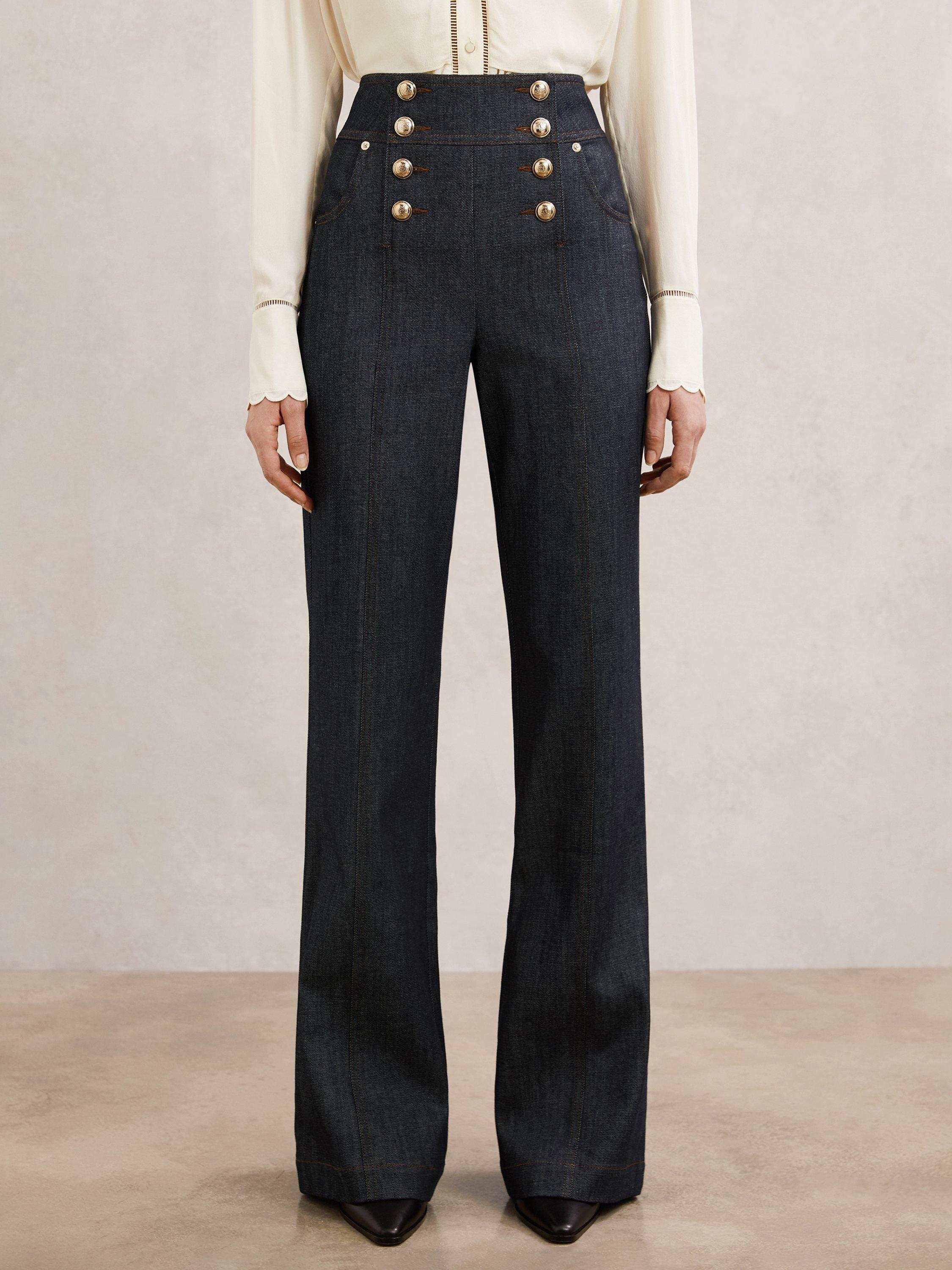 Product image 4 of 5, which shows Reiss Skylar Button Detail Flared Jeans, Dark Blue, 6R