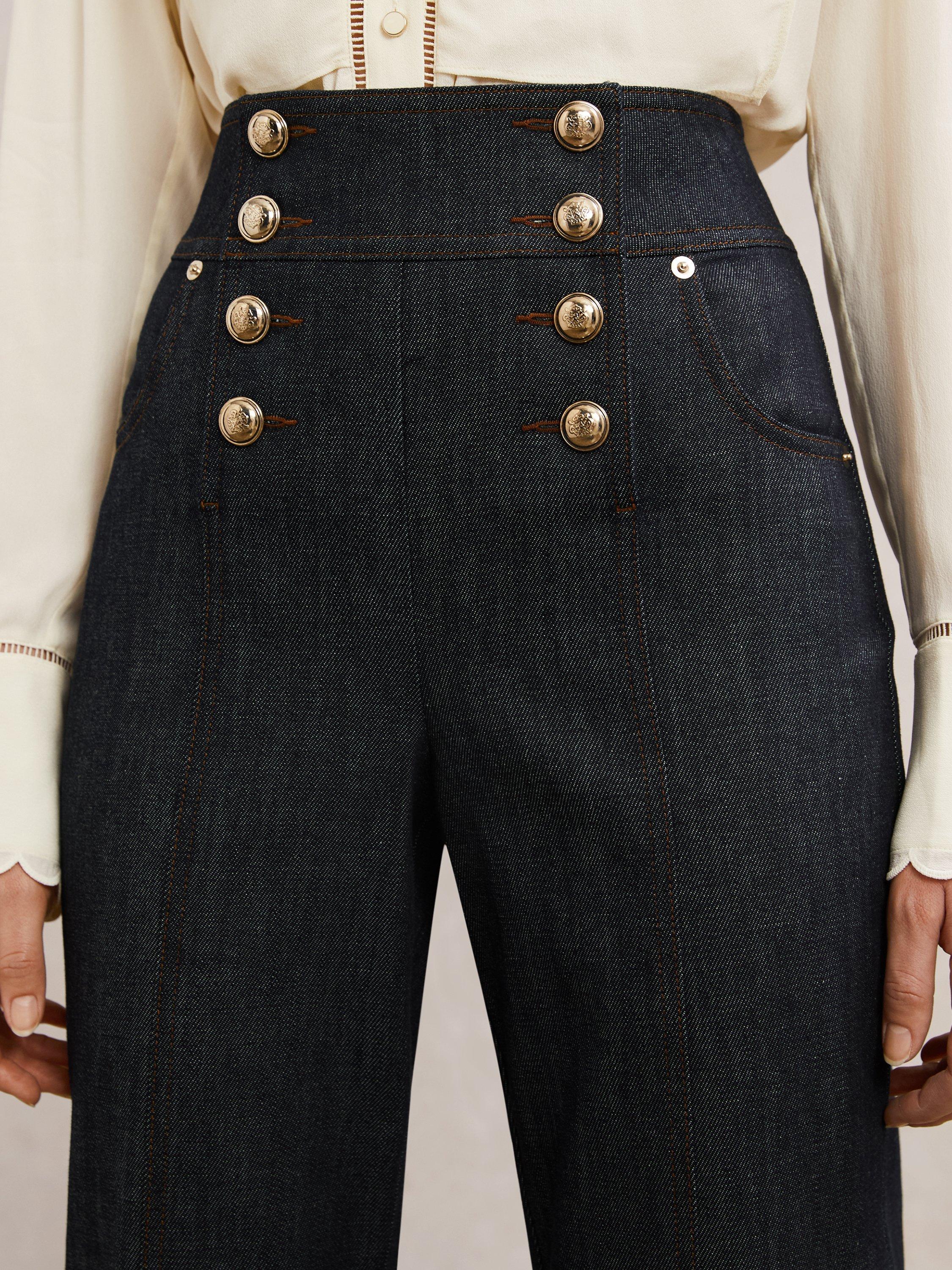 Product image 5 of 5, which shows Reiss Petite Skylar Button Detail Flared Jeans, Dark Blue, 6Pt