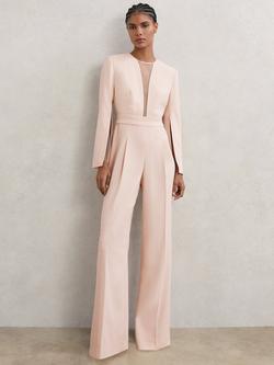 Reiss Evora Sheer Detail Tailored Jumpsuit, Pale Pink, Pale Pink
