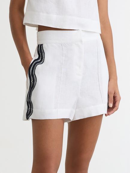 Reiss Felicity Side Stripe Pure Linen Shorts, Ivory/Navy - view 2, Ivory/Navy