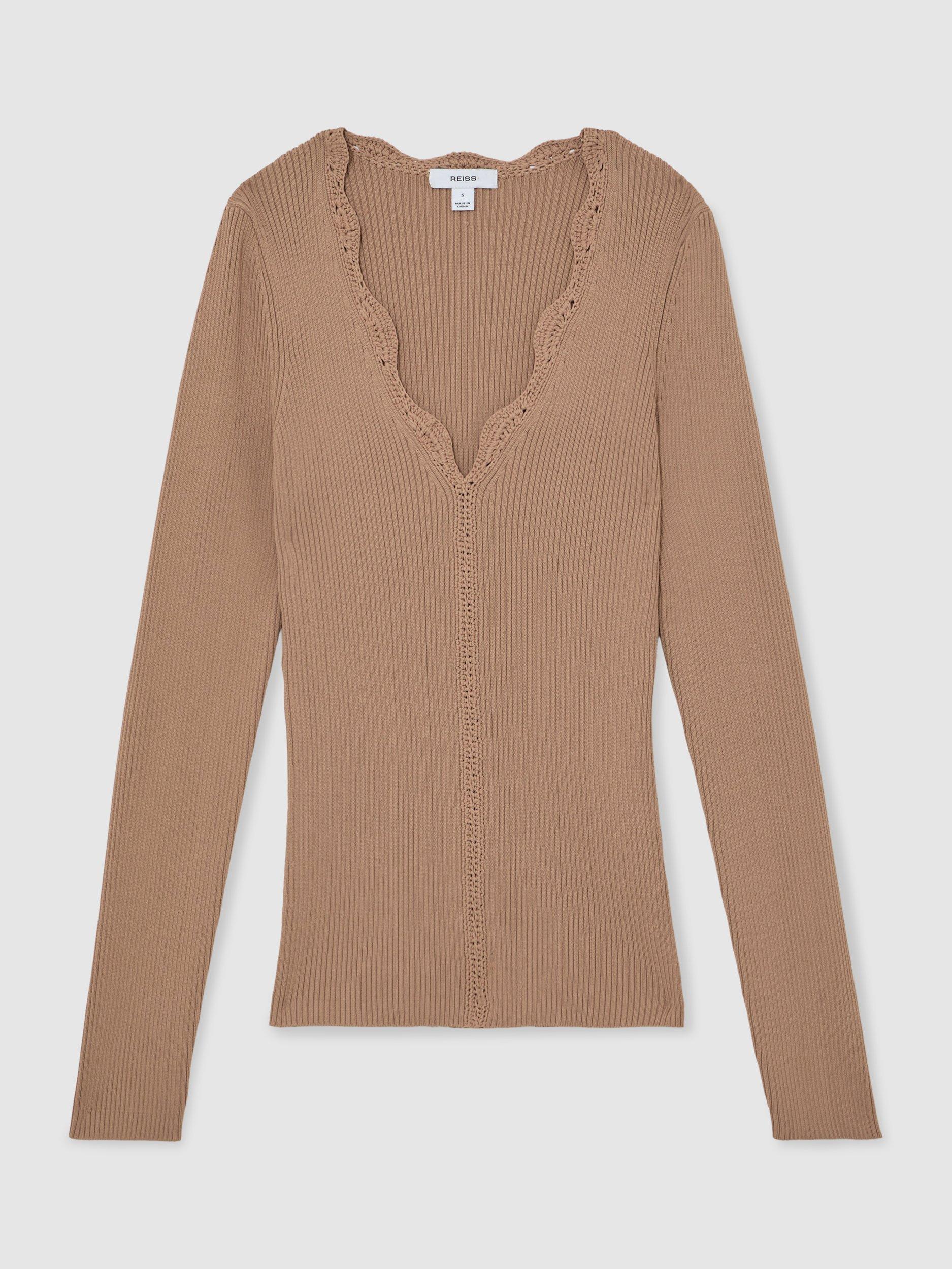 Reiss Lara Ribbed Crochet Trim Top, Taupe