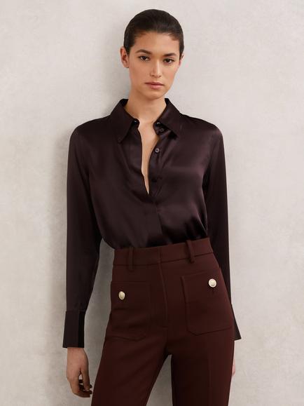 Reiss Petite Ameira Pure Silk Satin Shirt, Burgundy