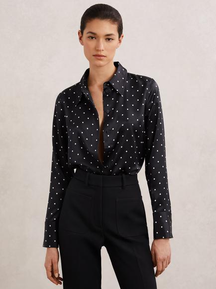 Reiss Ameira Polka Dot Pure Silk Shirt, Navy/Ivory, Navy/Ivory