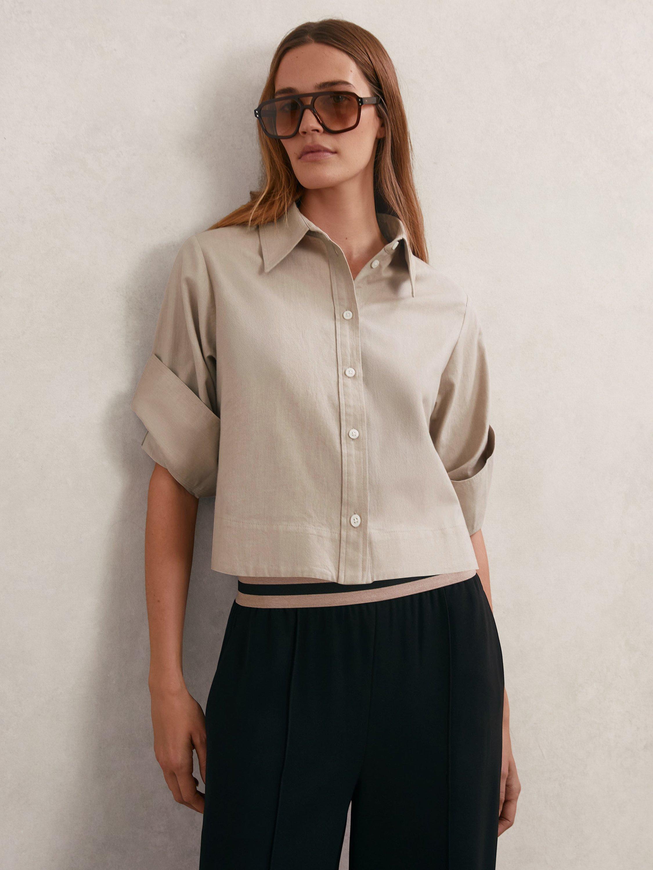 Product image 1 of 5, which shows Reiss Caylan Cropped Shirt, Neutral, 6