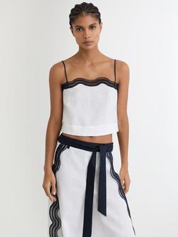 Reiss Felicity Contrast Trim Pure Linen Top, Ivory/Navy, Ivory/Navy