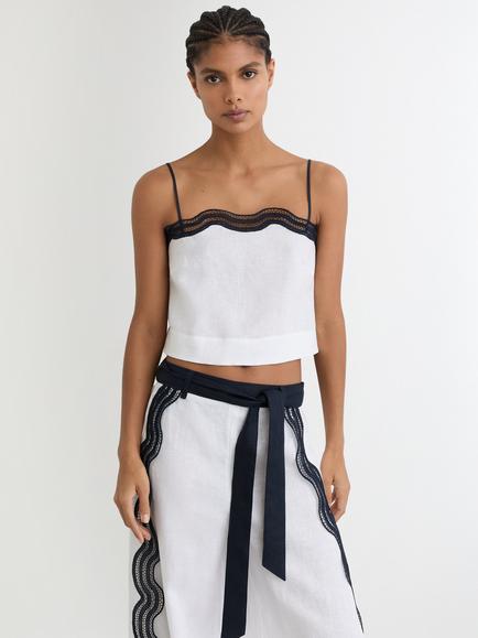 Reiss Felicity Contrast Trim Pure Linen Top, Ivory/Navy, Ivory/Navy