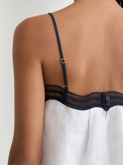 Reiss Felicity Contrast Trim Pure Linen Top, Ivory/Navy - view 2, Ivory/Navy