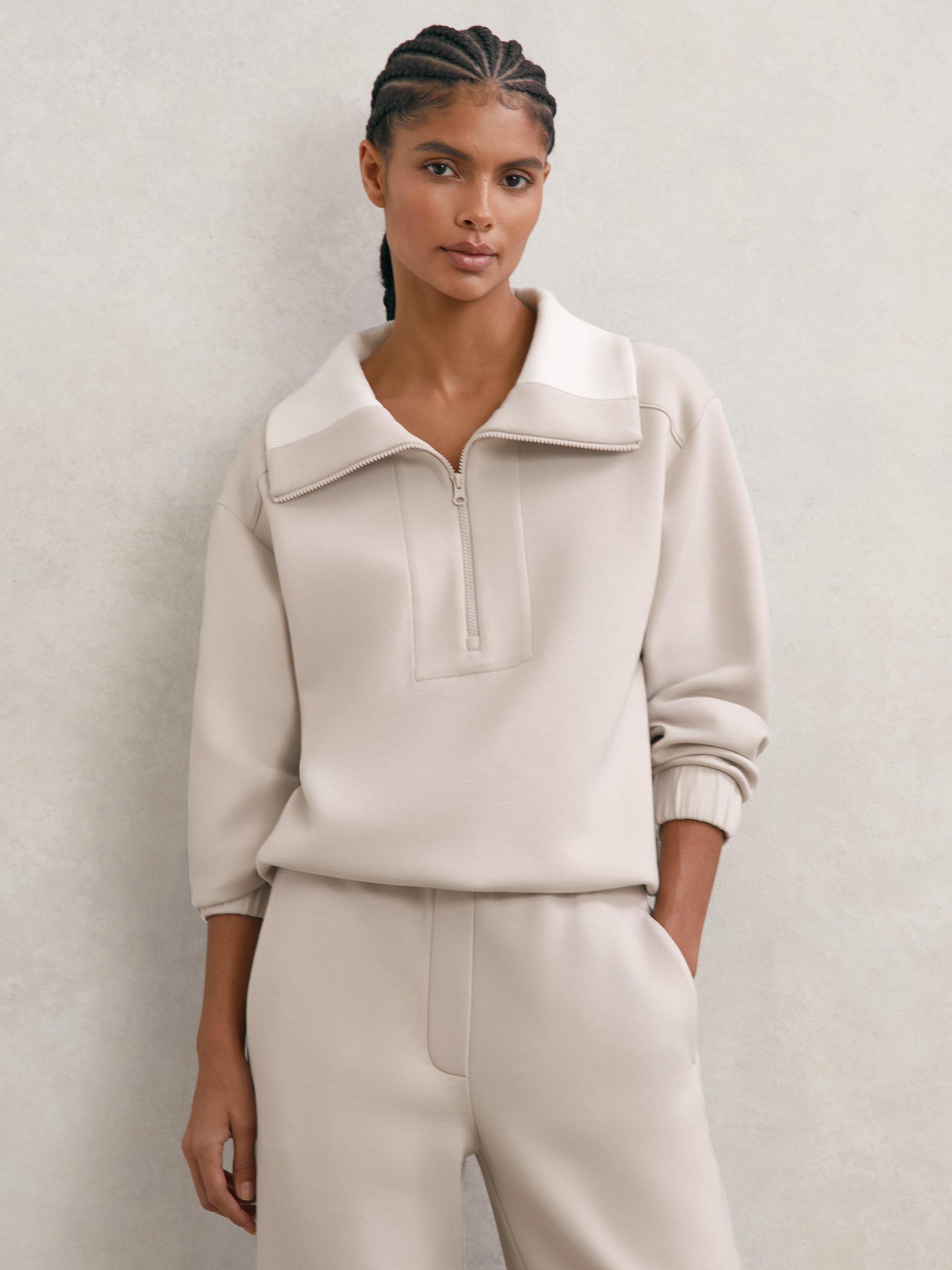 Product image 1 of 5, which shows Reiss Laney Zip Neck Sweatshirt, Stone Neutral, XS