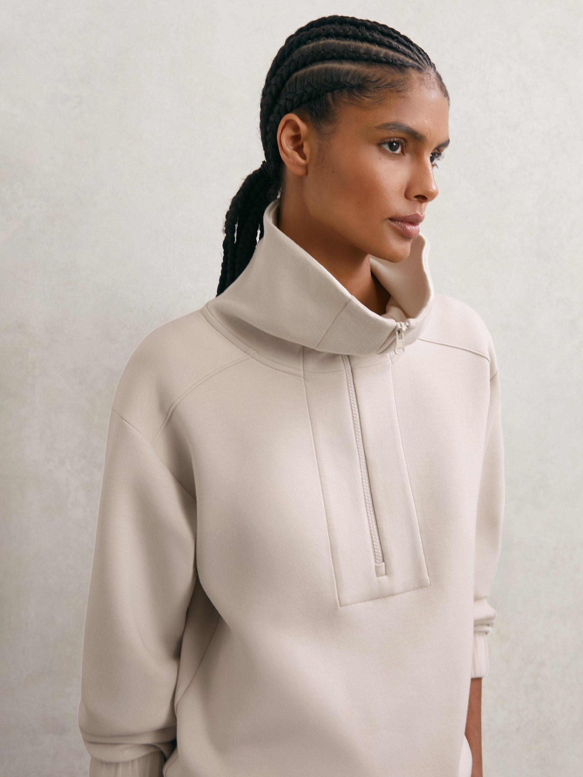 Product image 3 of 5, which shows Reiss Laney Zip Neck Sweatshirt, Stone Neutral, XS