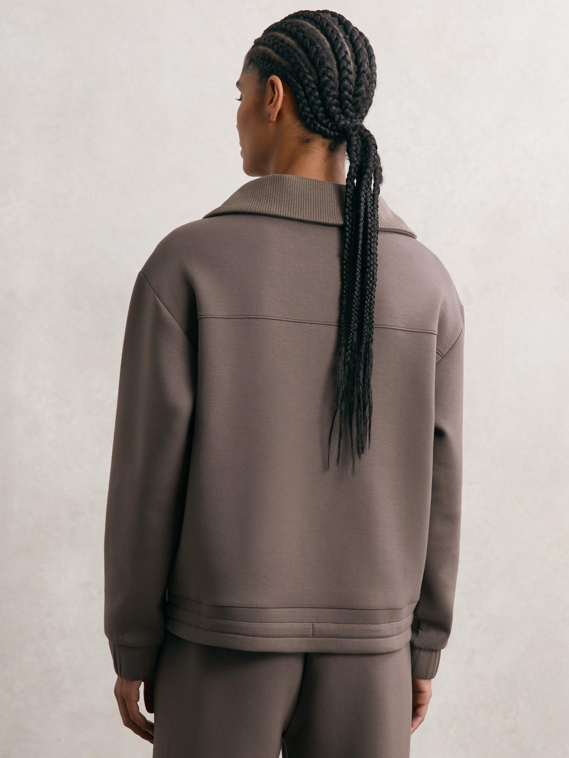 Product image 2 of 5, which shows Reiss Laney Zip Neck Sweatshirt, Taupe Brown, XS