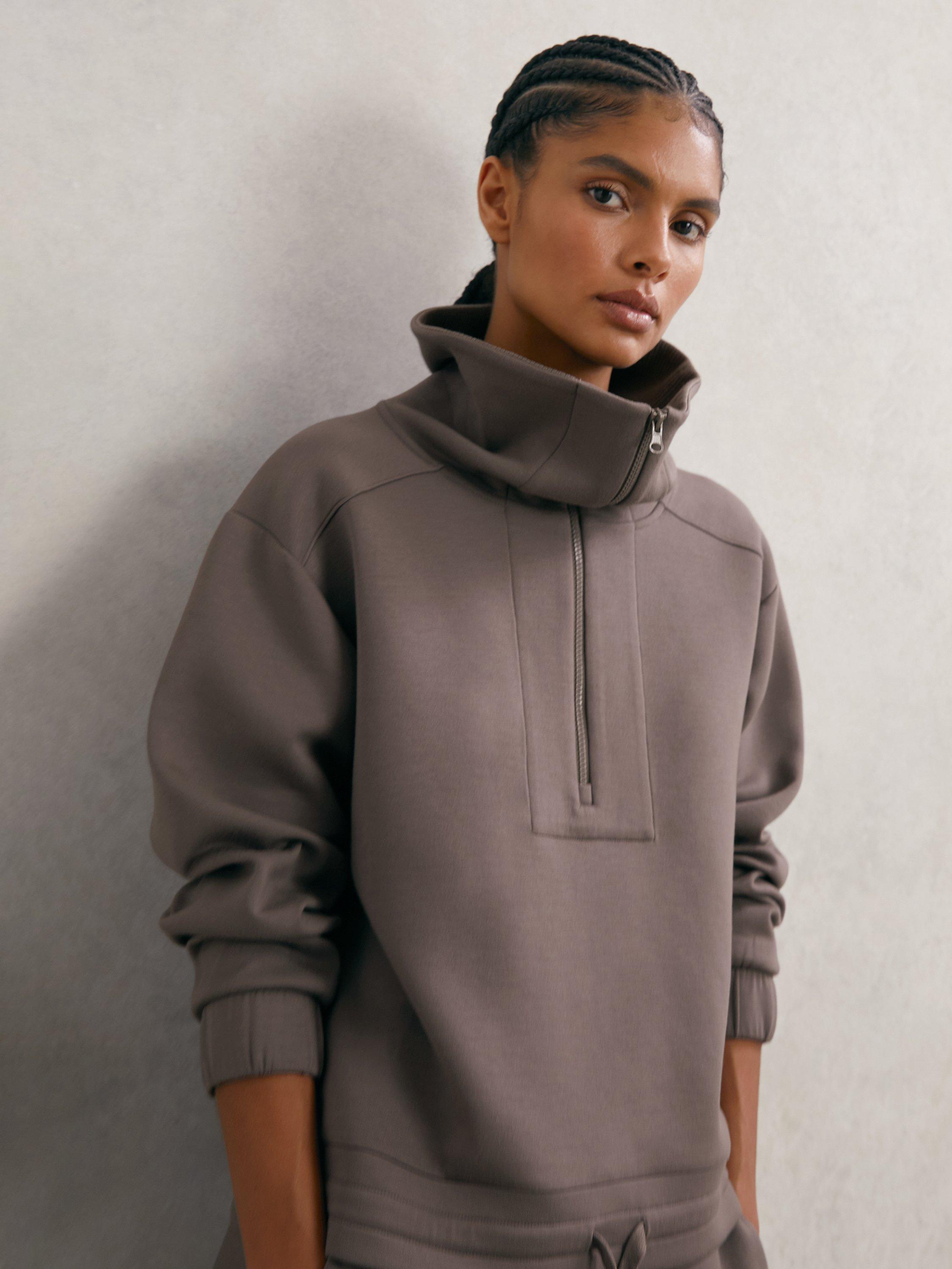Product image 3 of 5, which shows Reiss Laney Zip Neck Sweatshirt, Taupe Brown, XS