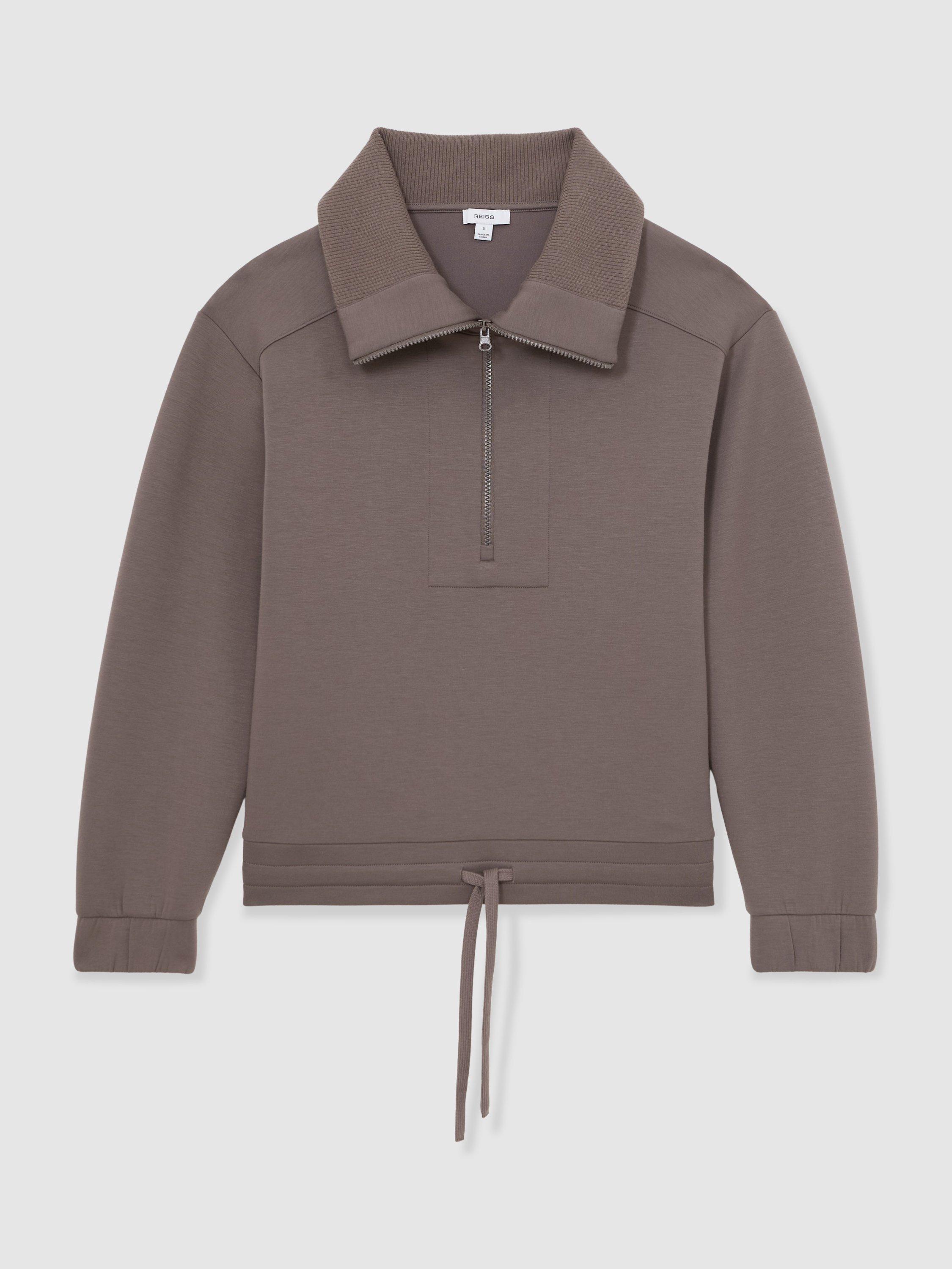 Product image 4 of 5, which shows Reiss Laney Zip Neck Sweatshirt, Taupe Brown, XS