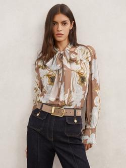 Reiss Maggie Floral Tie Neck Top, Pink/Ivory, Pink/Ivory
