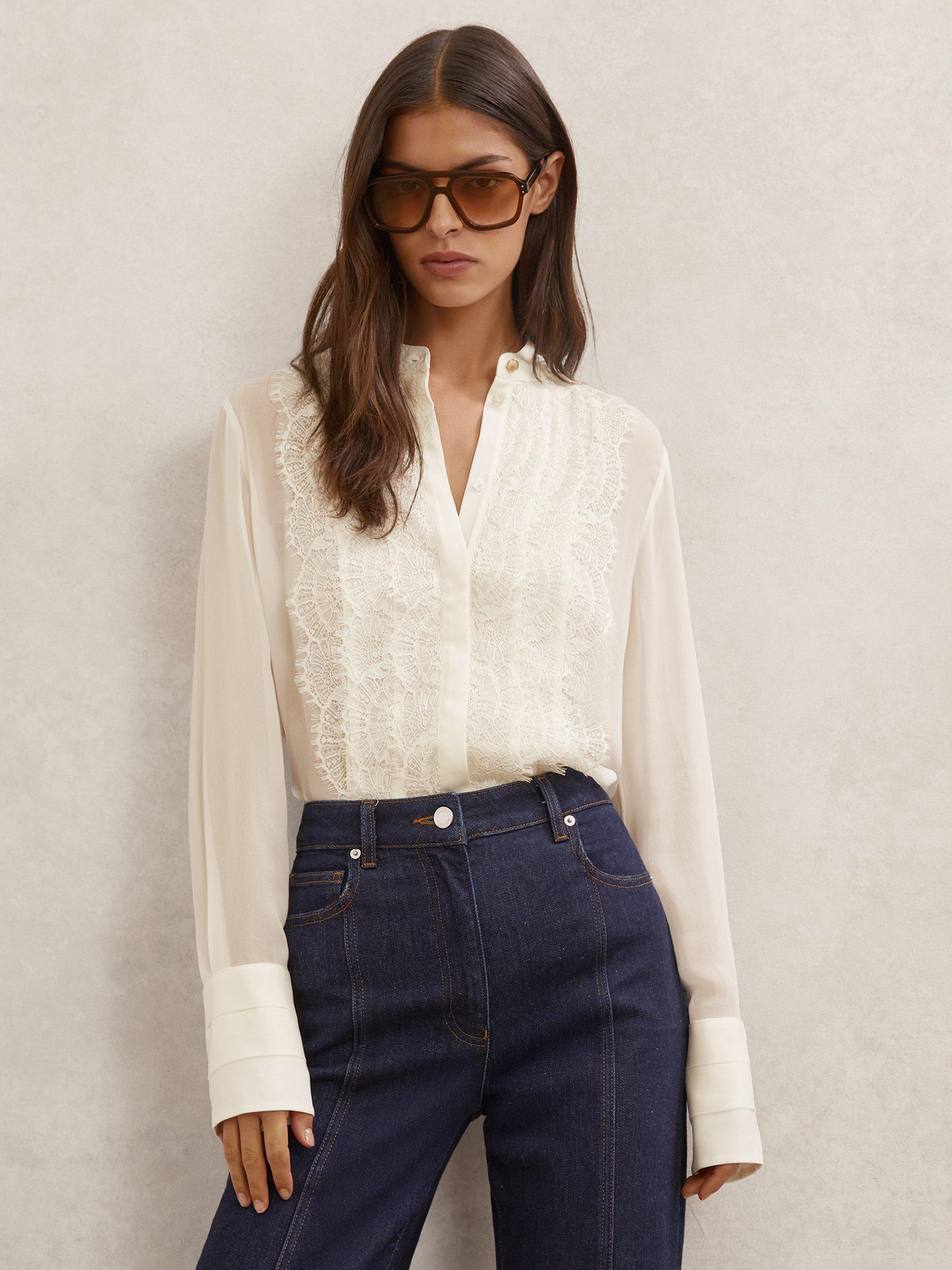 Product image 1 of 5, which shows Reiss Miranda Sheer Blouse, Cream, 6
