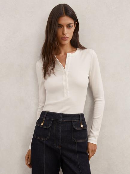 Reiss Rina Ribbed Henley Top, White, White