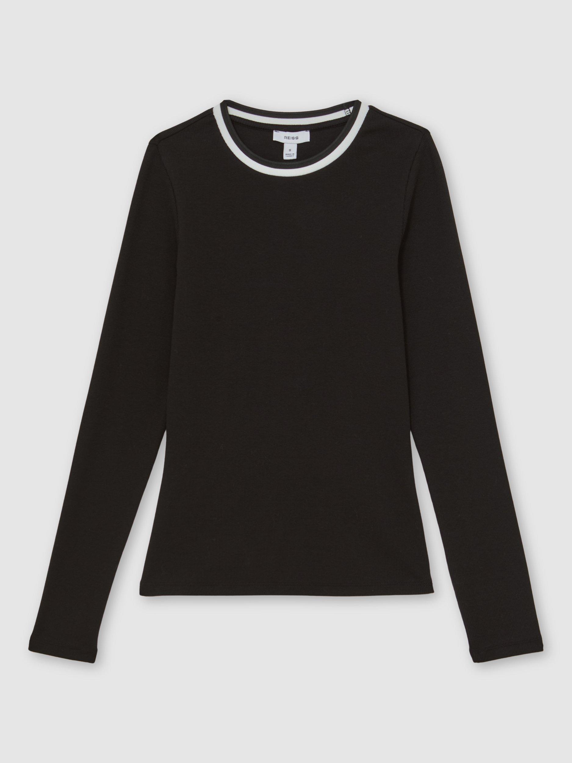 Product image 3 of 5, which shows Reiss Tilly Contrast Collar Ribbed Top, Black/White, XS