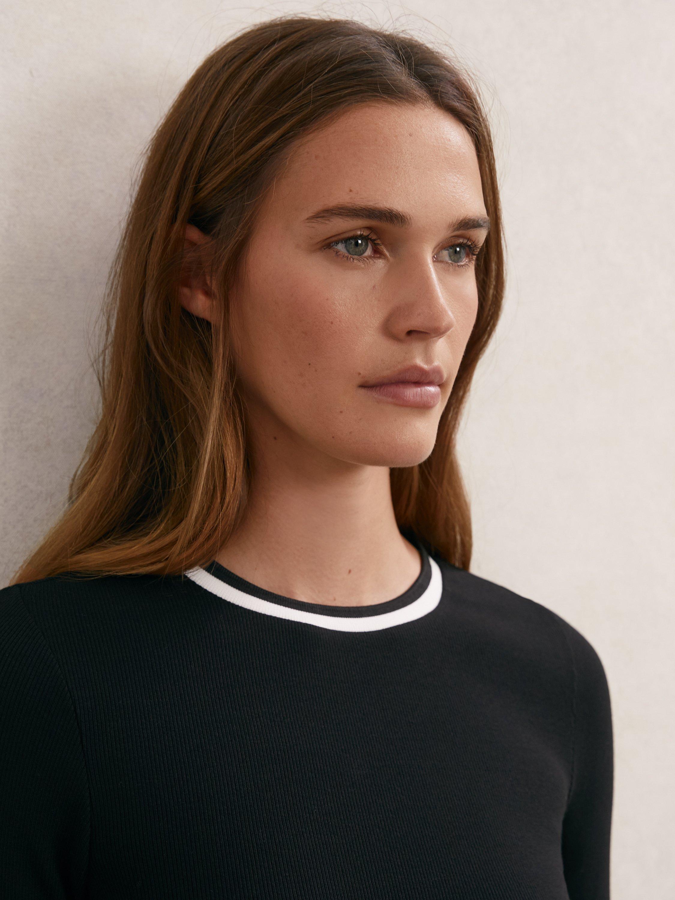 Product image 4 of 5, which shows Reiss Tilly Contrast Collar Ribbed Top, Black/White, XS