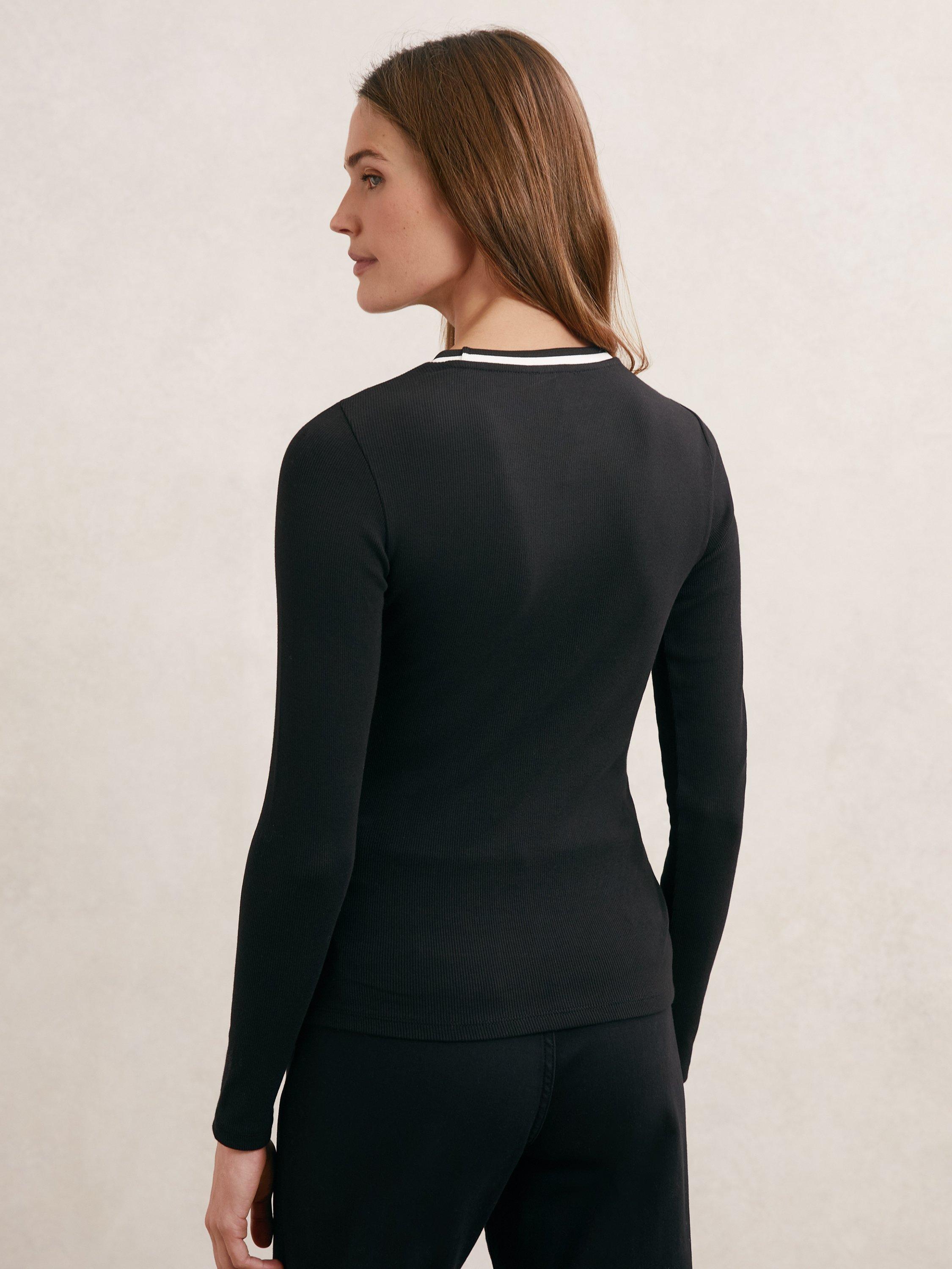 Product image 5 of 5, which shows Reiss Tilly Contrast Collar Ribbed Top, Black/White, XS