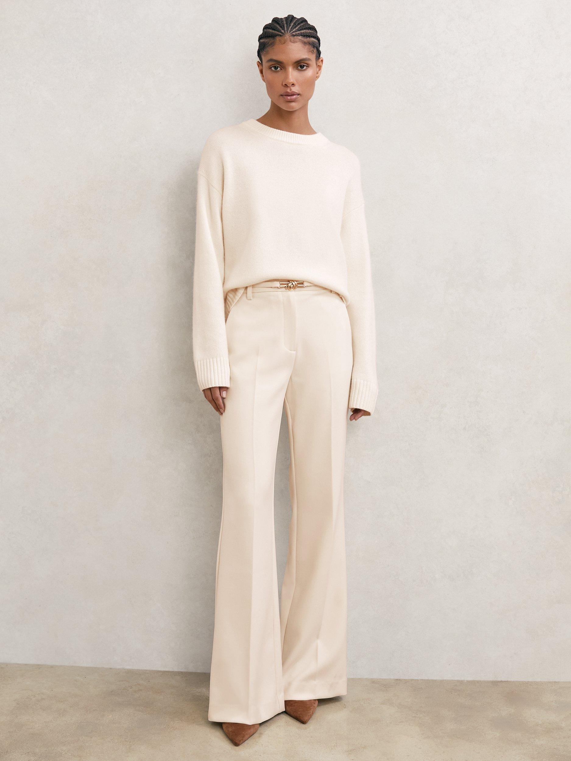 Product image 1 of 5, which shows Reiss Petite Leona Flared Trousers, Cream, 6Pt