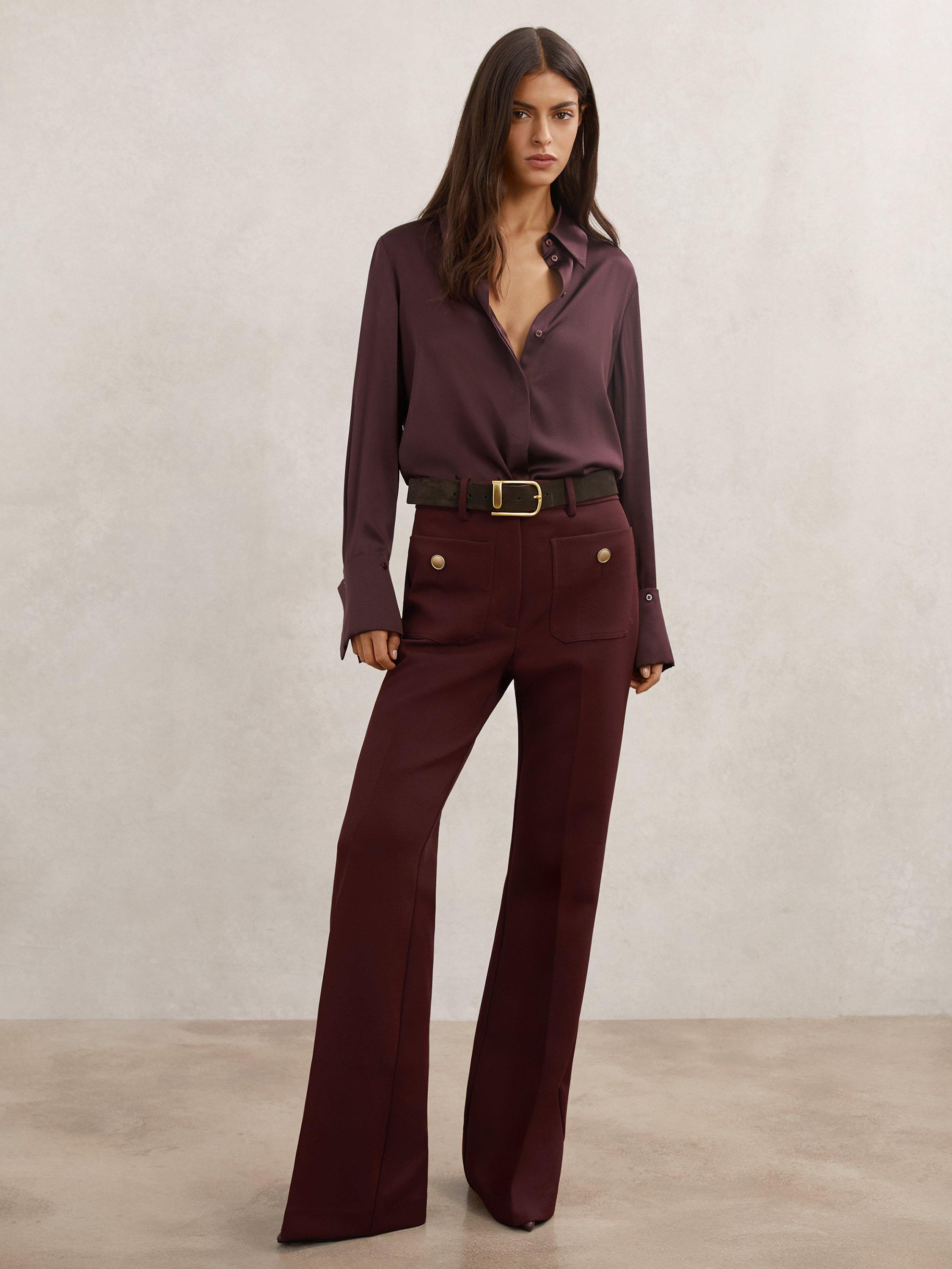Product image 1 of 5, which shows Reiss Parisa Button Detail Flared Trousers, Dark Red, 6R