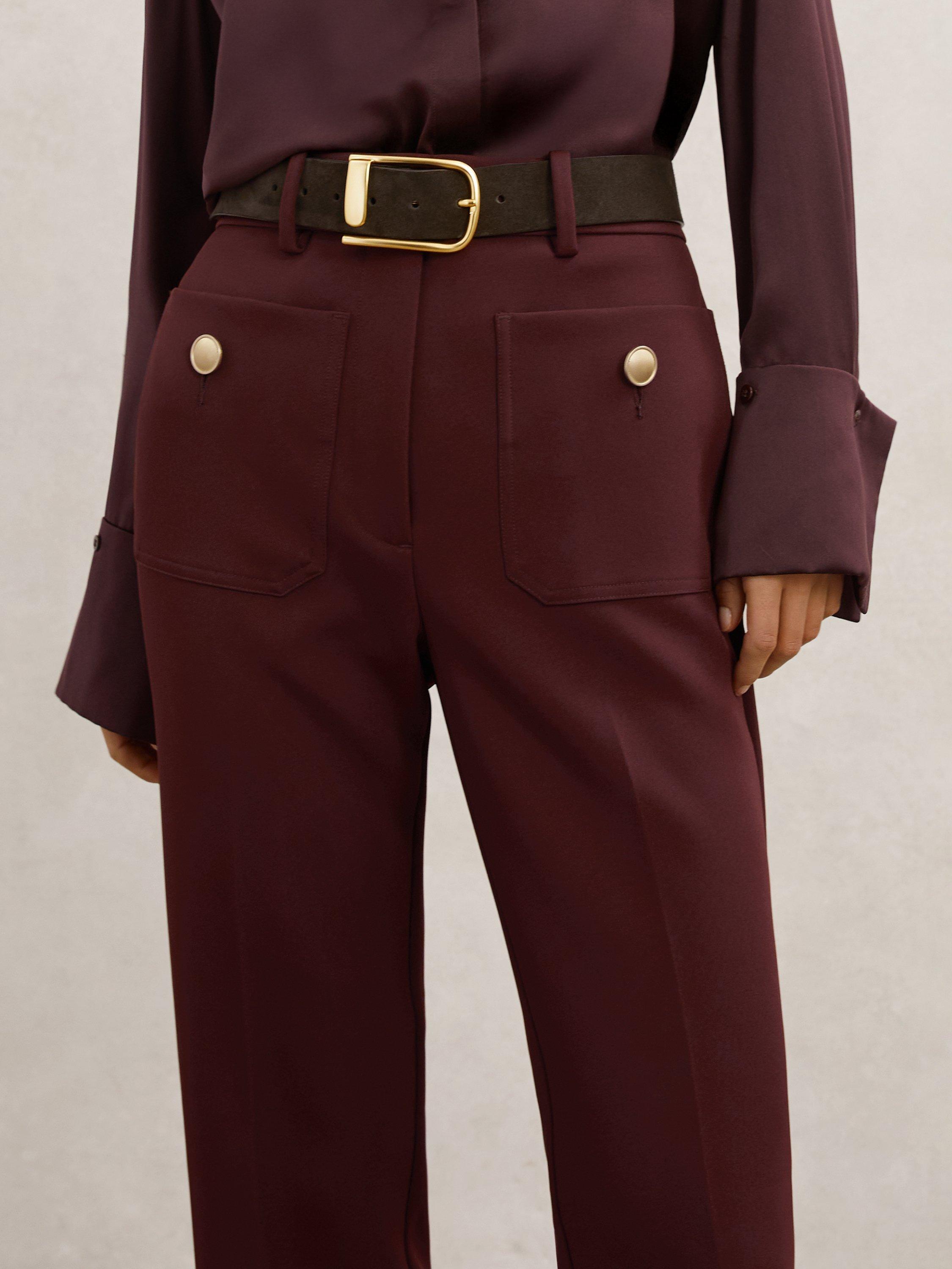 Product image 5 of 5, which shows Reiss Parisa Button Detail Flared Trousers, Dark Red, 6R