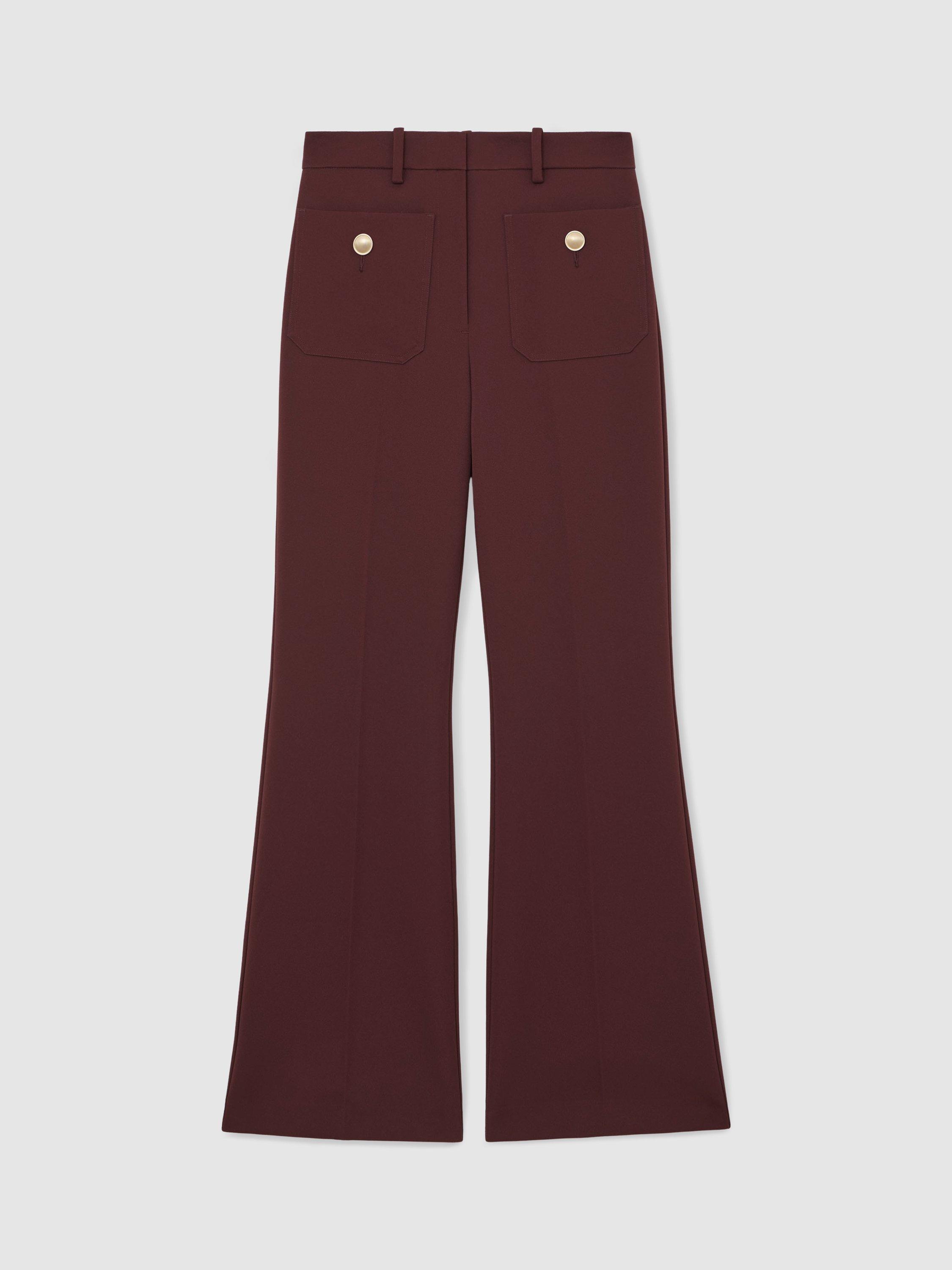 Product image 3 of 5, which shows Reiss Petite Parisa Button Pocket Flared Trousers, Dark Red, 6Pt