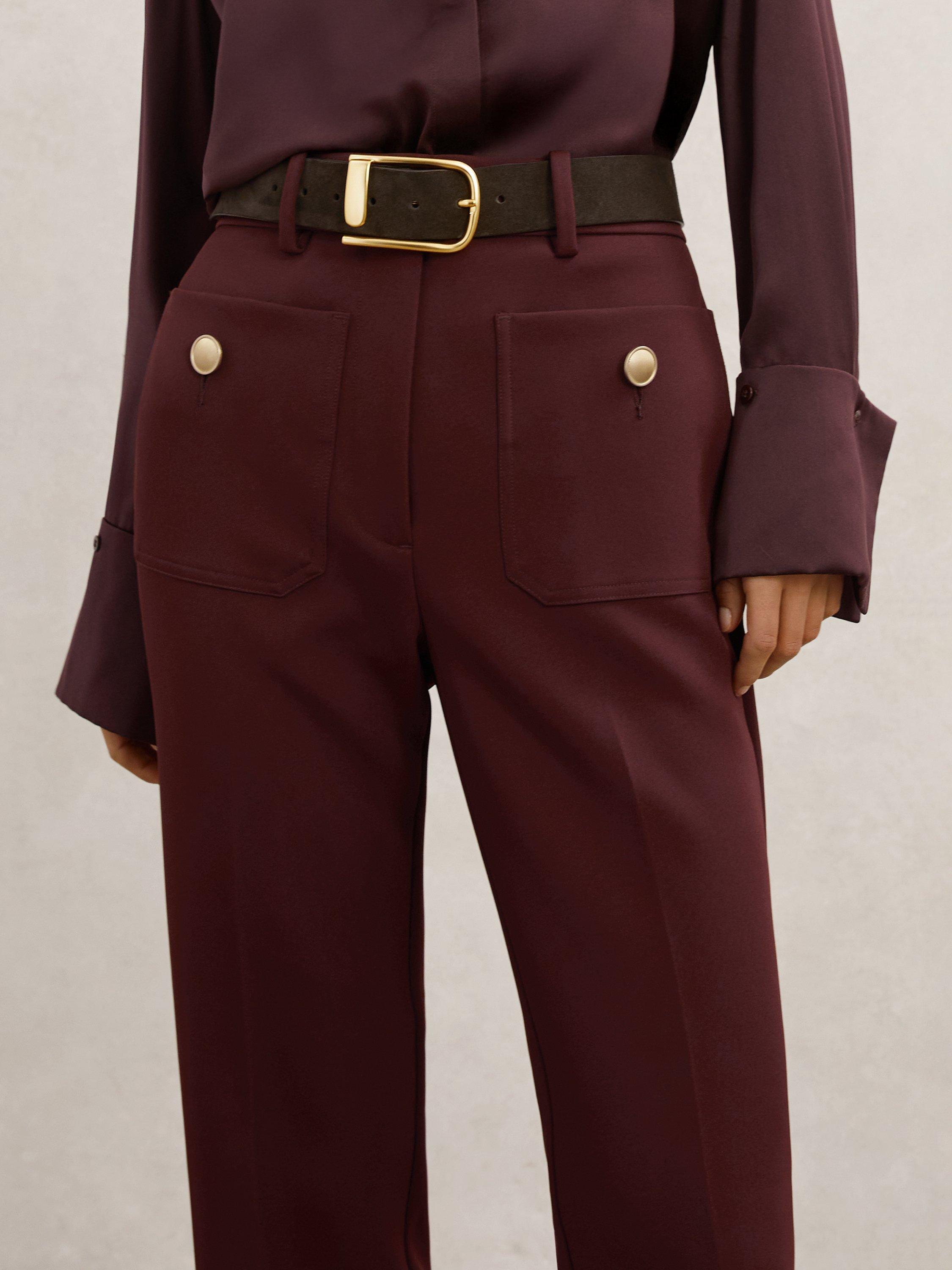 Product image 5 of 5, which shows Reiss Petite Parisa Button Pocket Flared Trousers, Dark Red, 6Pt