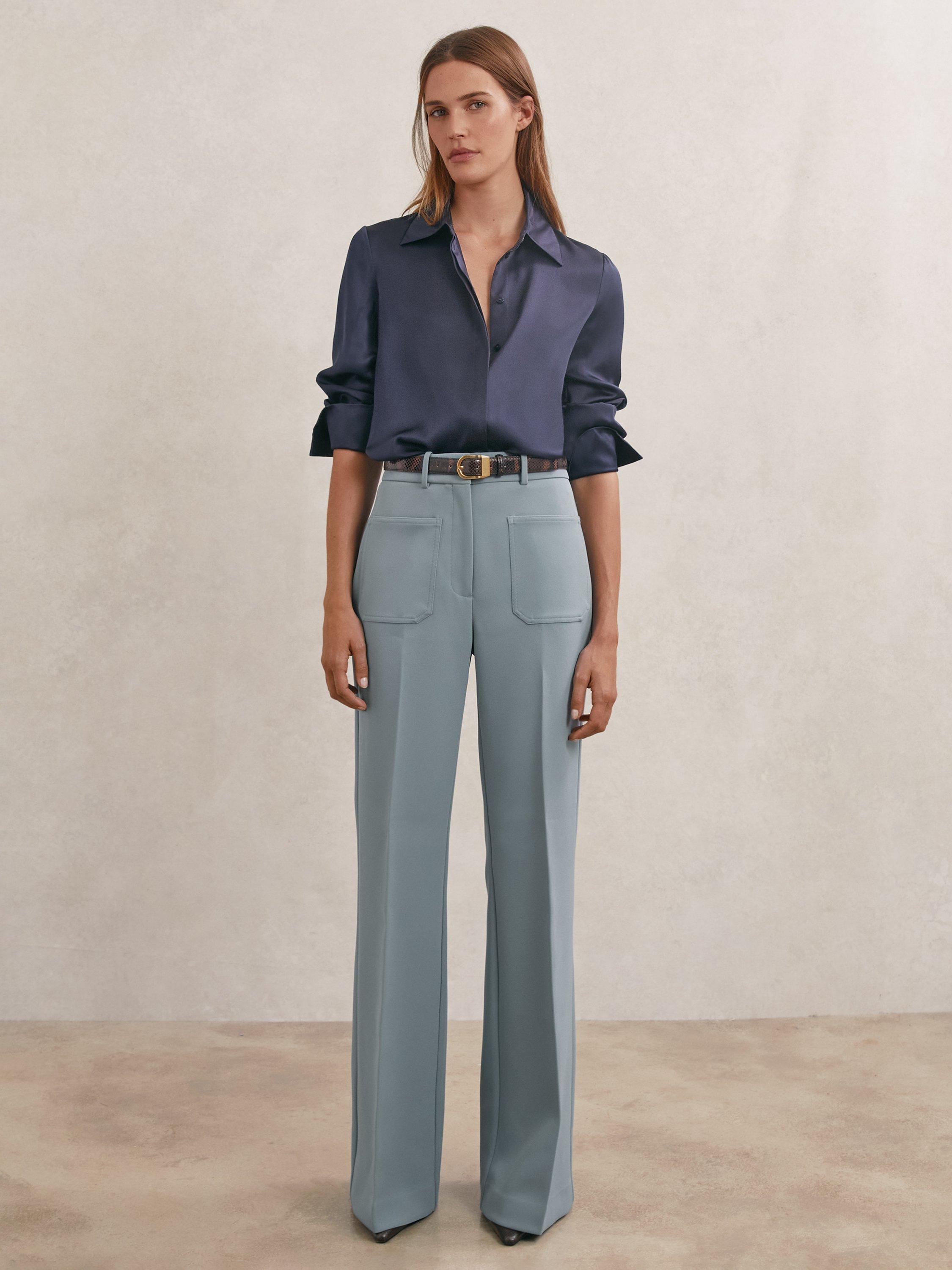 Product image 1 of 5, which shows Reiss Petite Priya Flared Trousers, Blue, 6Pt