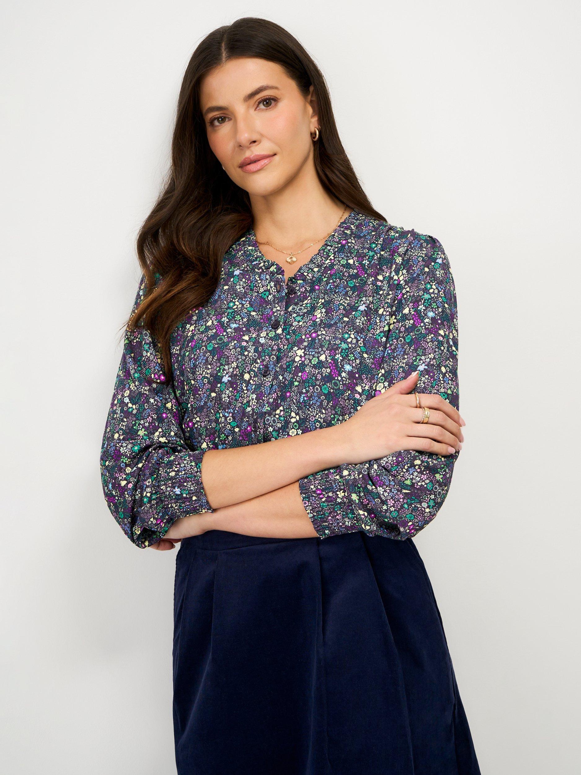 Product image 1 of 5, which shows Crew Clothing Celeste Meadow Floral Top, Indigo Blue, 10