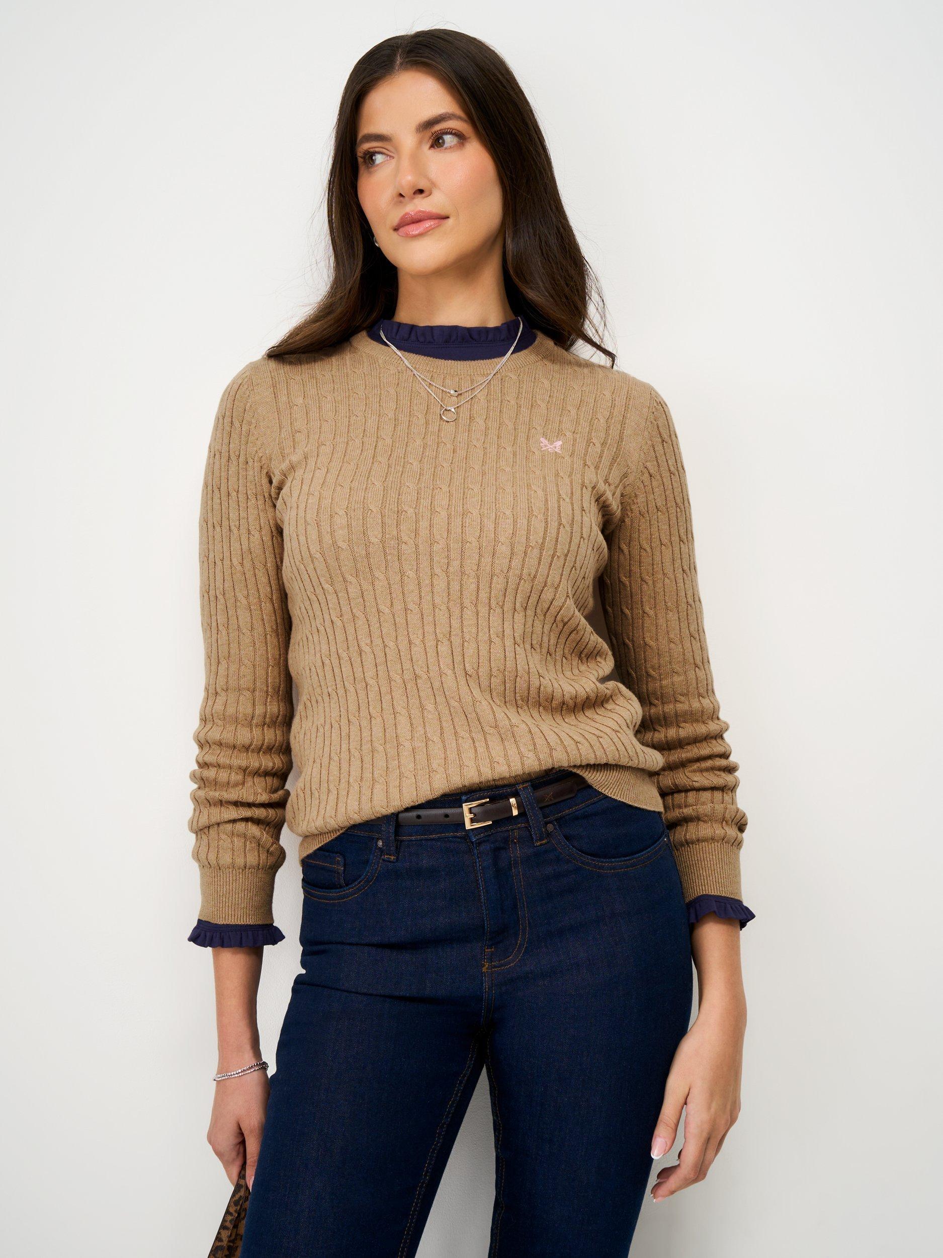 Product image 1 of 5, which shows Crew Clothing Heritage Cable Knit Jumper, Tan, 8