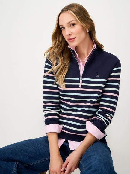 Crew Clothing 1/2 Zip Stripe Sweatshirt, Raspberry Pink, Dark Blue