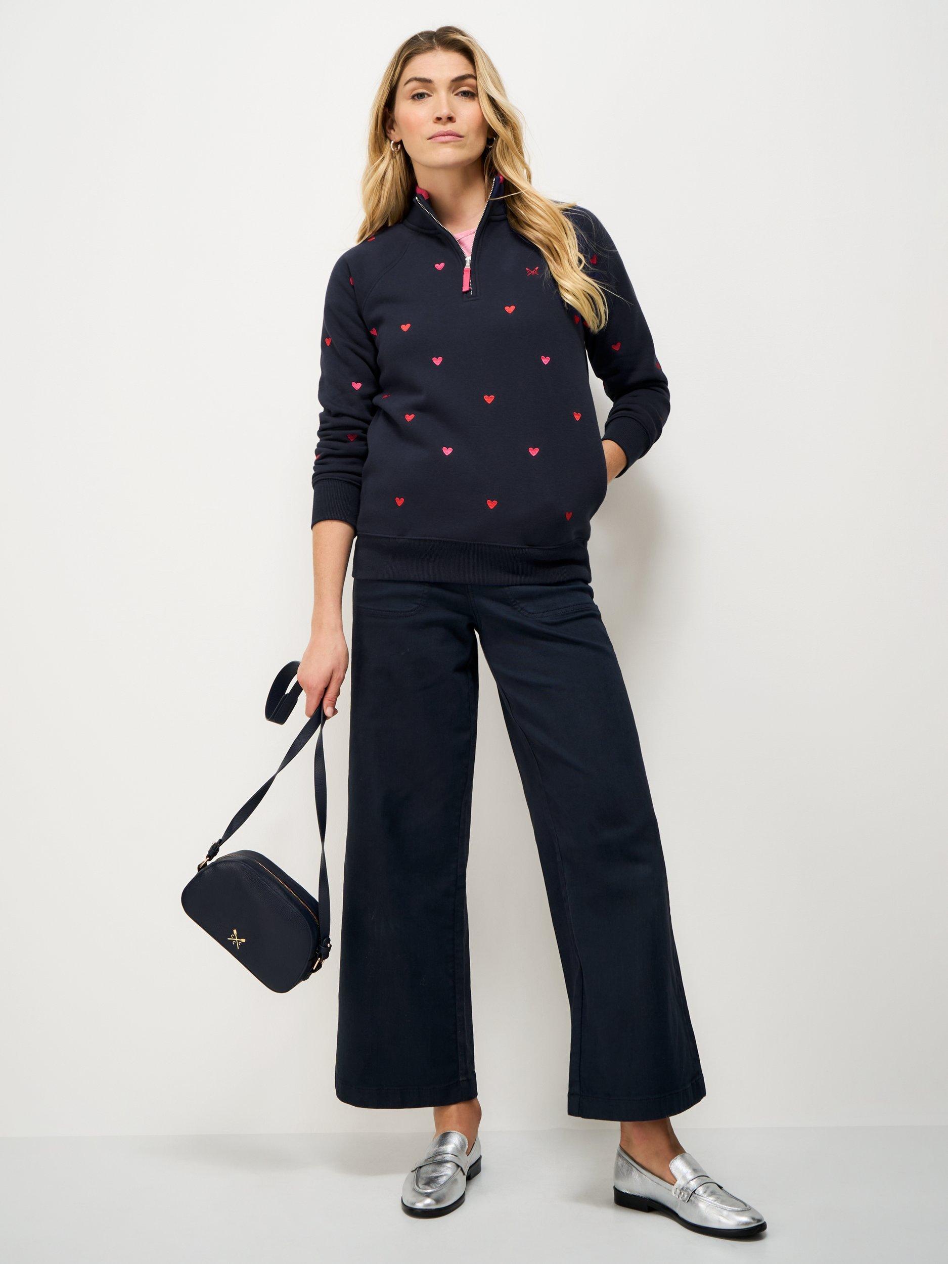 Product image 3 of 5, which shows Crew Clothing Embroidered Hearts Half Zip Sweatshirt, Navy Blue, 10