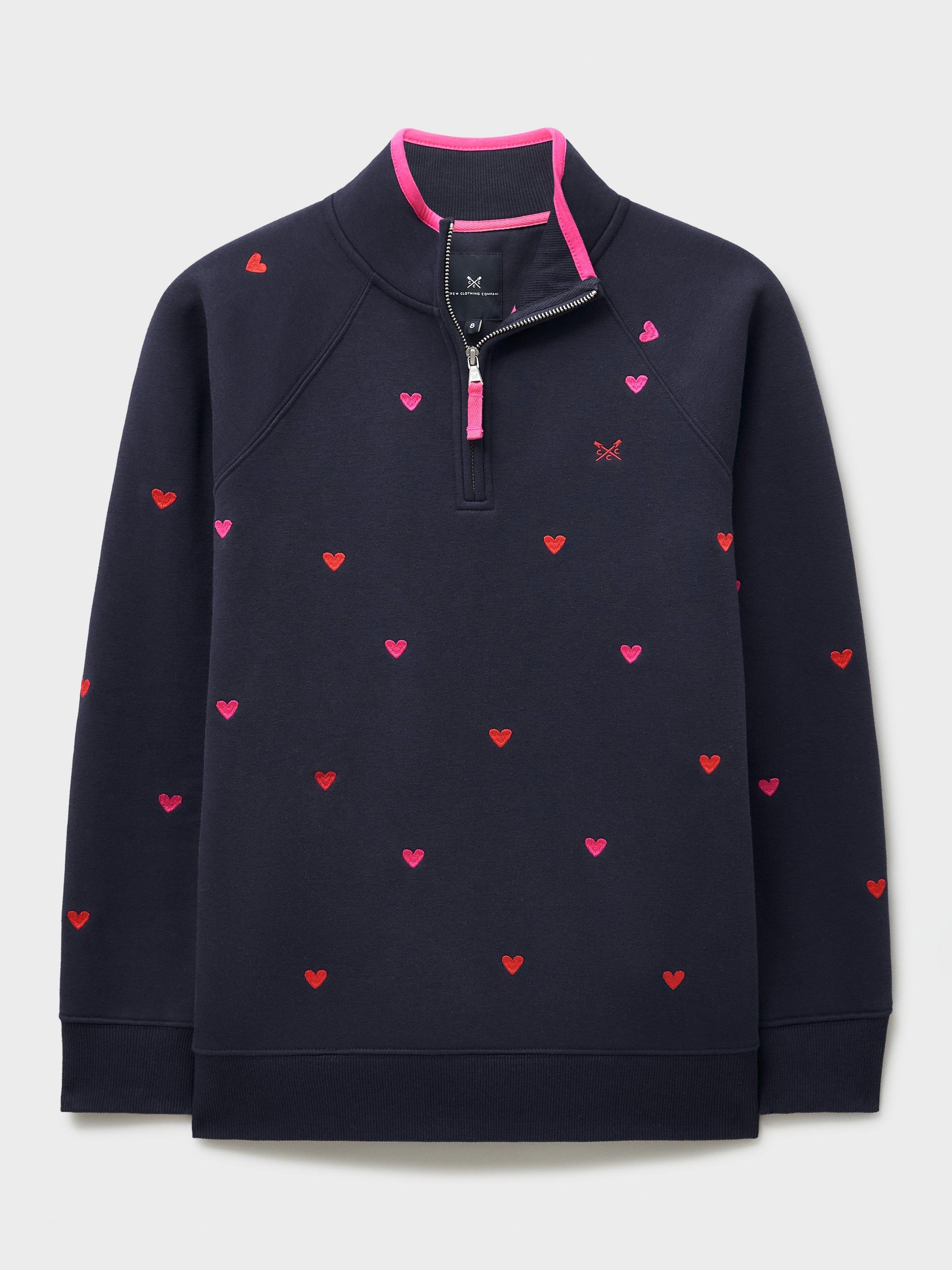 Product image 5 of 5, which shows Crew Clothing Embroidered Hearts Half Zip Sweatshirt, Navy Blue, 10