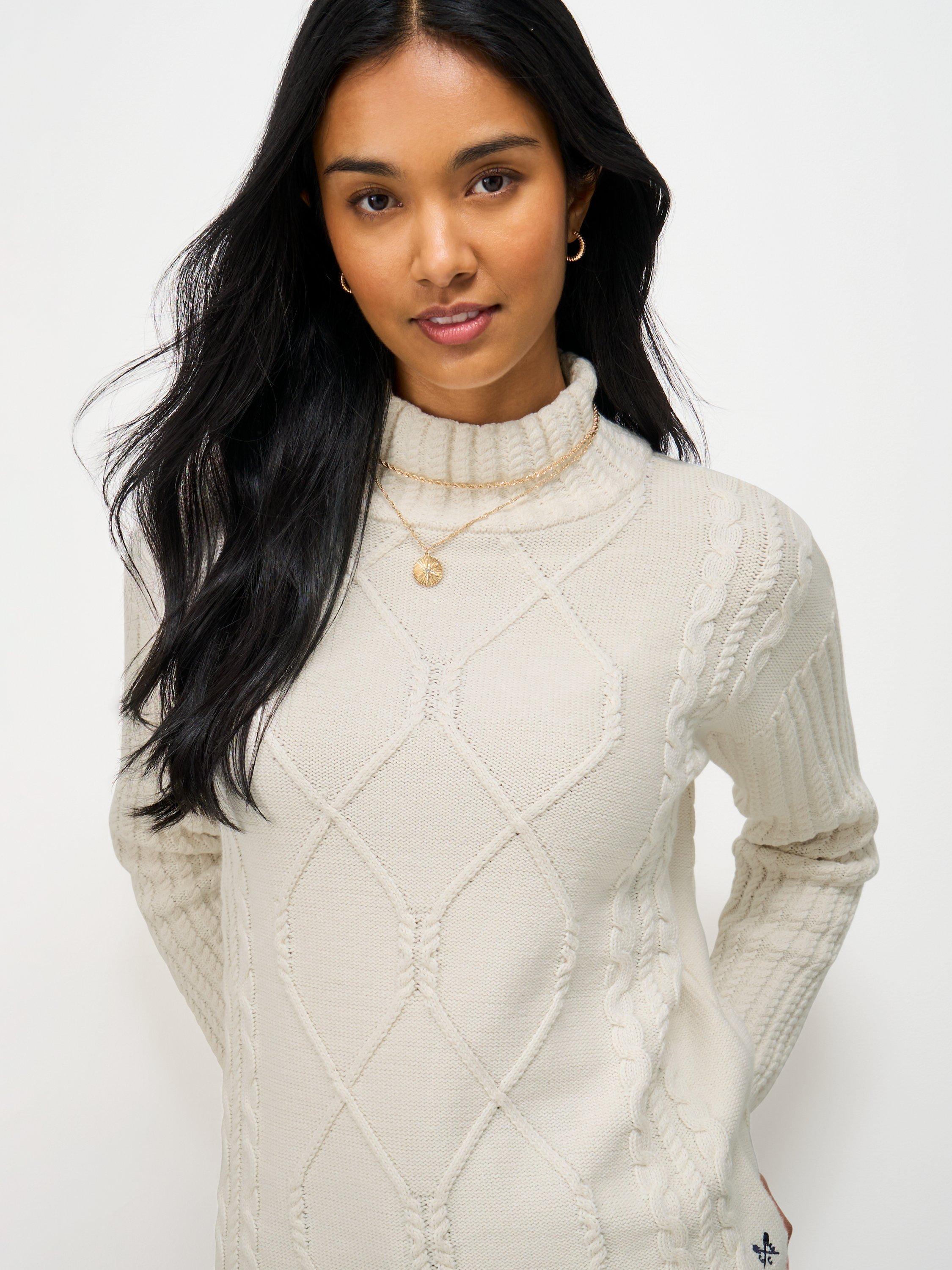 Product image 4 of 5, which shows Crew Clothing Roll Neck Cable Knit Jumper, Cream, 10