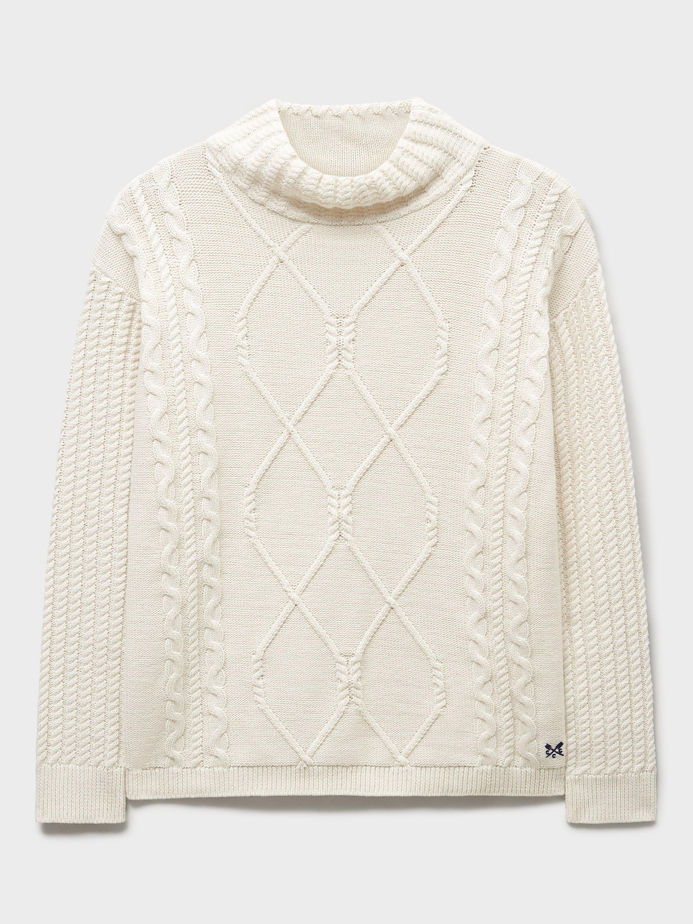 Product image 5 of 5, which shows Crew Clothing Roll Neck Cable Knit Jumper, Cream, 10