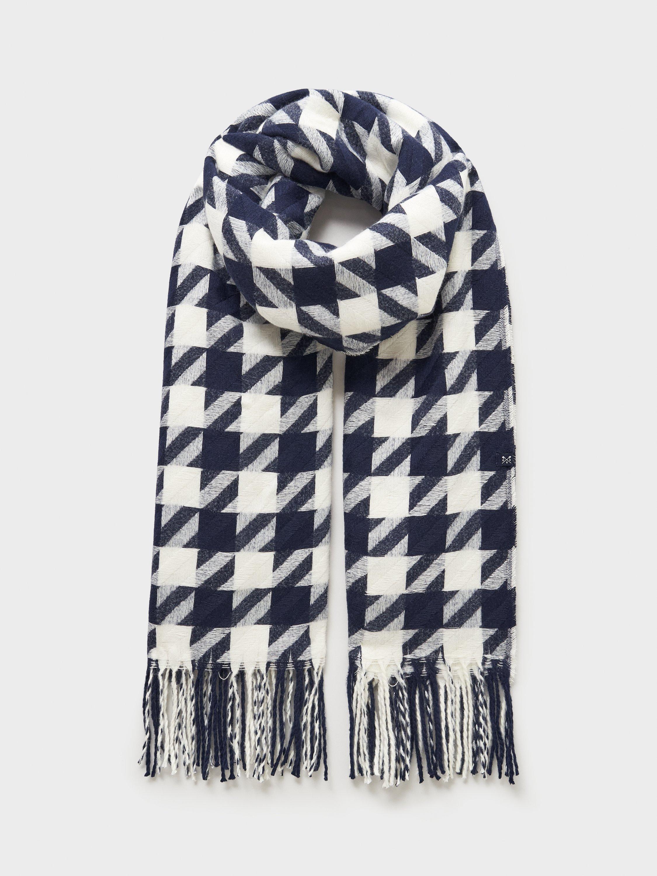 Product image 1 of 2, which shows Crew Clothing Jacquard Houndstooth Pure Wool Scarf, Navy Blue, One Size