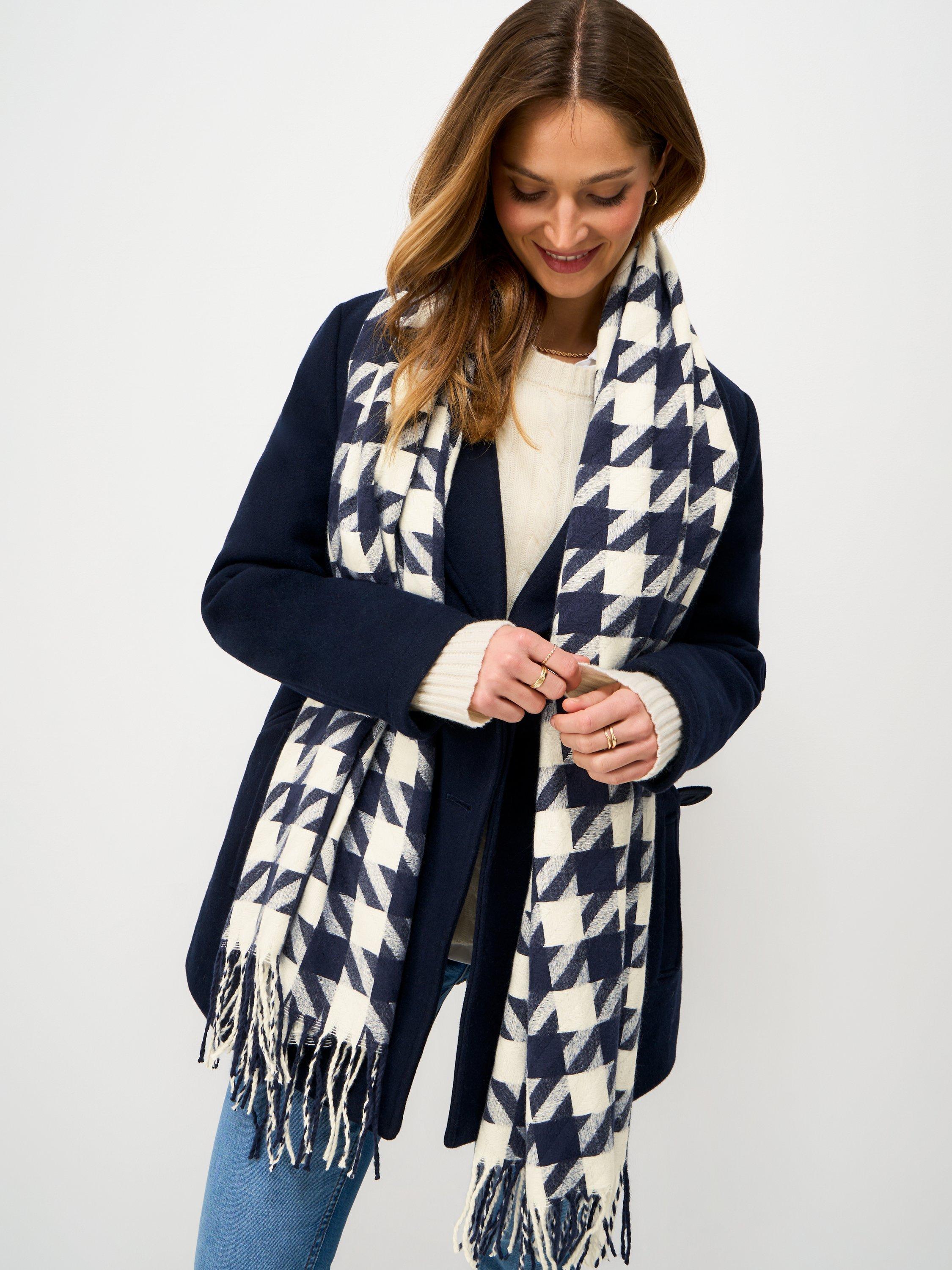 Product image 2 of 2, which shows Crew Clothing Jacquard Houndstooth Pure Wool Scarf, Navy Blue, One Size