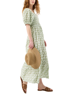 Accessorize Block Print Puff Sleeve Dress, Khaki, Khaki