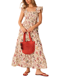 Accessorize Floral Frill Shoulder Maxi Dress, Ivory/Multi, Ivory/Multi