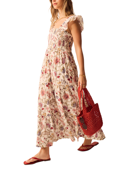 Accessorize Floral Frill Shoulder Maxi Dress, Ivory/Multi - view 2, Ivory/Multi