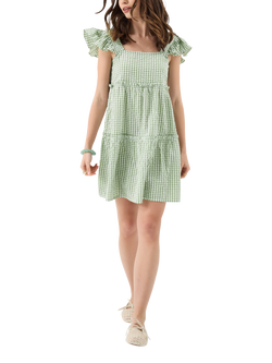 Accessorize Gingham Frill Mini Dress, Khaki, Khaki