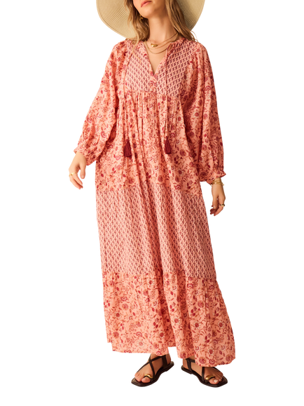Accessorize Mixed Floral Tie Neck Dress, Pink, Pink