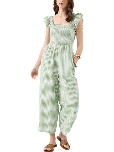 Accessorize Gingham Frill Jumpsuit, Green, Green