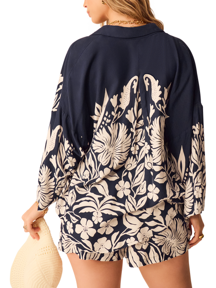 Accessorize Floral Border Beach Shirt containing LENZING™ ECOVERO™ Viscose, Navy - view 2, Navy