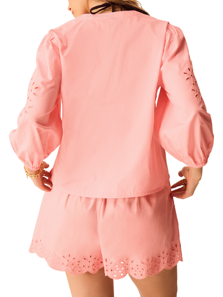 Accessorize Puff Sleeve Cutwork Blouse, Pink - view 2, Pink