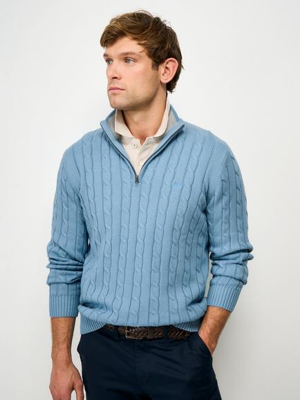 Crew Clothing Classic Cotton Half-Zip Cable Knit Jumper, Aqua Blue