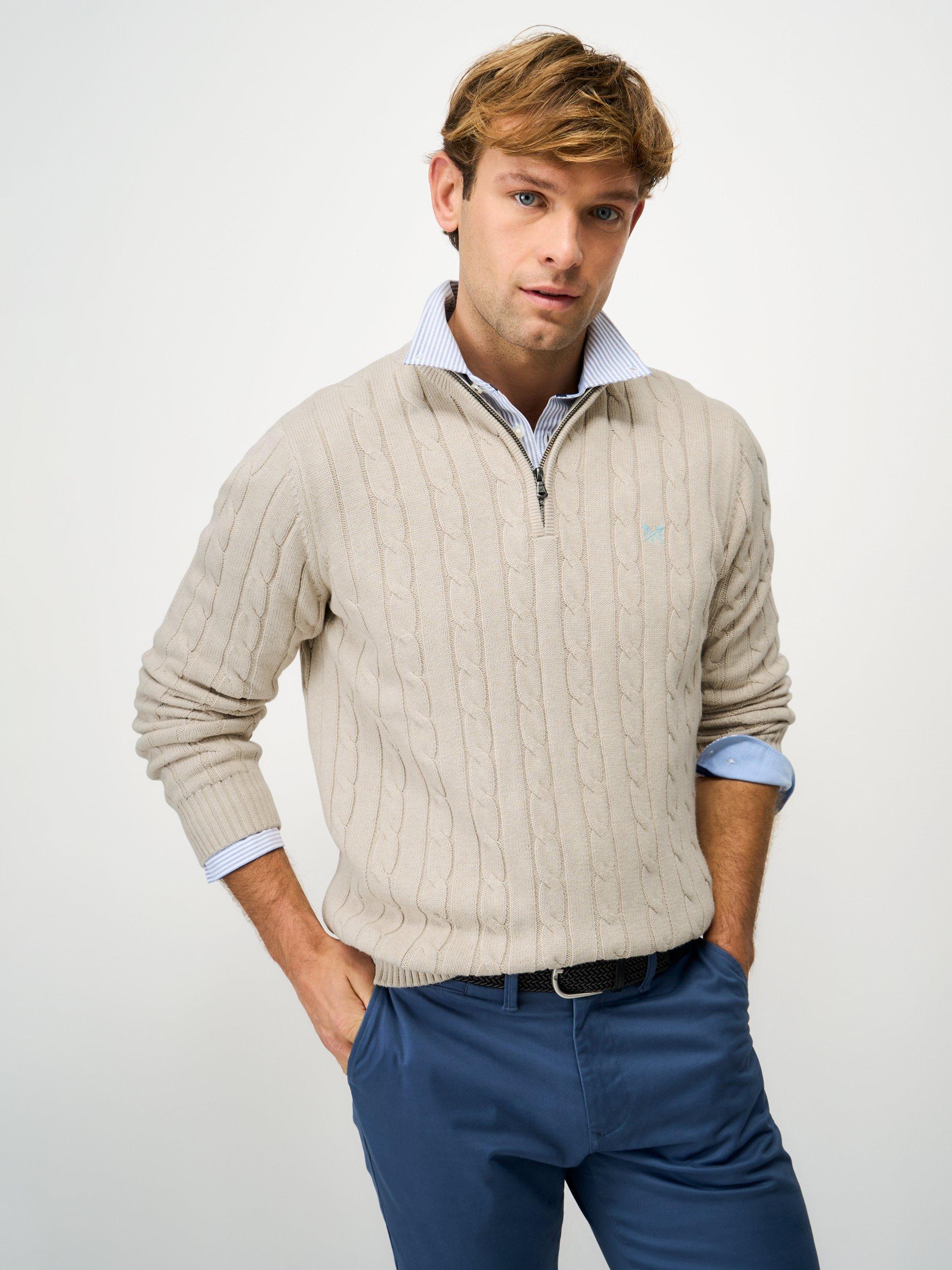 Product image 1 of 5, which shows Crew Clothing Classic Cotton Half-Zip Cable Knit Jumper, Beige, L
