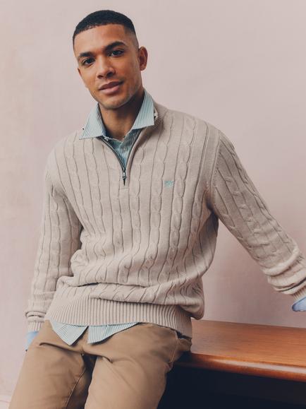 Crew Clothing Classic Cotton Half-Zip Cable Knit Jumper, Beige