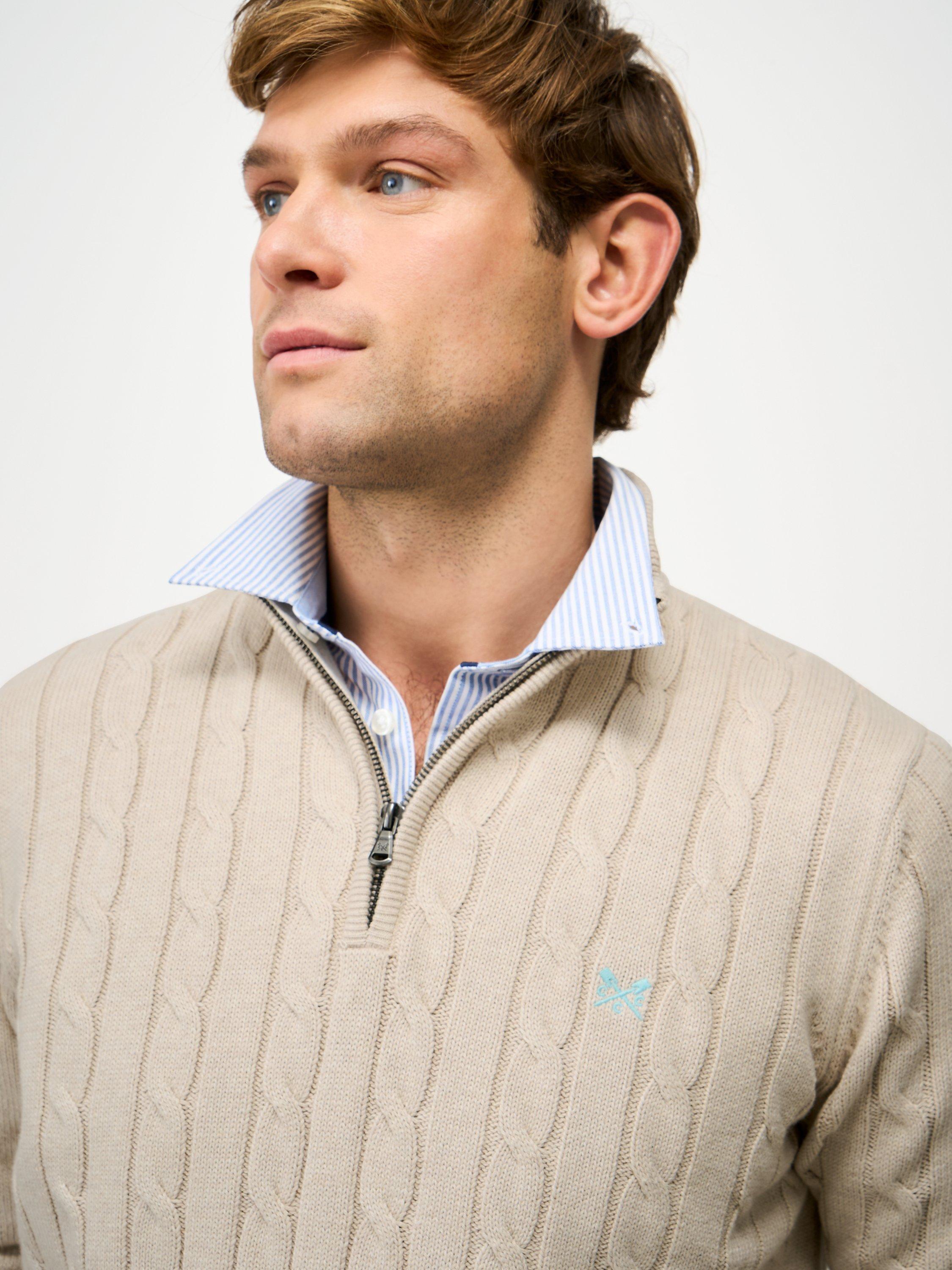 Product image 4 of 5, which shows Crew Clothing Classic Cotton Half-Zip Cable Knit Jumper, Beige, L