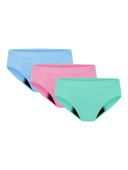 Modibodi Teen Hipster Boyleg Period Knickers, Pack of 3, Pink/Blue/Green, Pink/Blue/Green